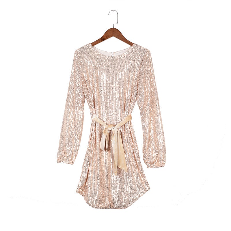 Silver gold sequins long sleeves mini dress for party lantern sleeves glitter dress