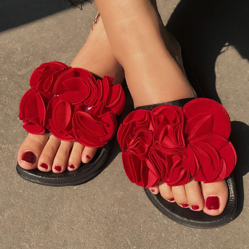 Women's flower decor slides with arch support