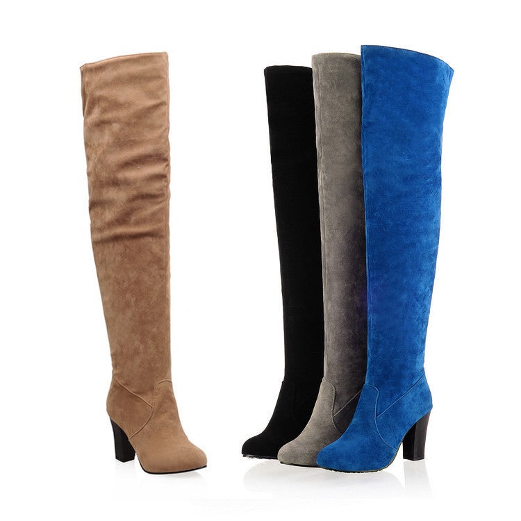 Women's faux suede chunky high heel thigh high boots | Elastic over the knee boots