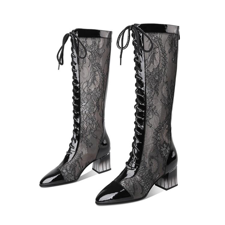 Women's summer mesh lace flower embroidery knee high chunky boots