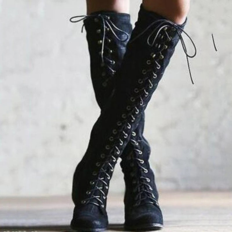 Women Long Studded Lace Up Knee High Boots