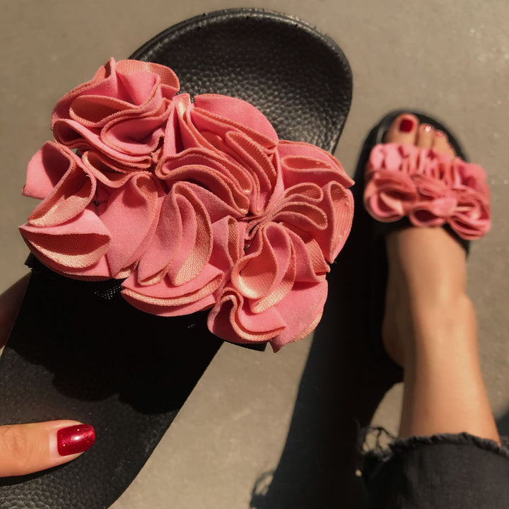 Women's flower decor slides peep toe flat sandals