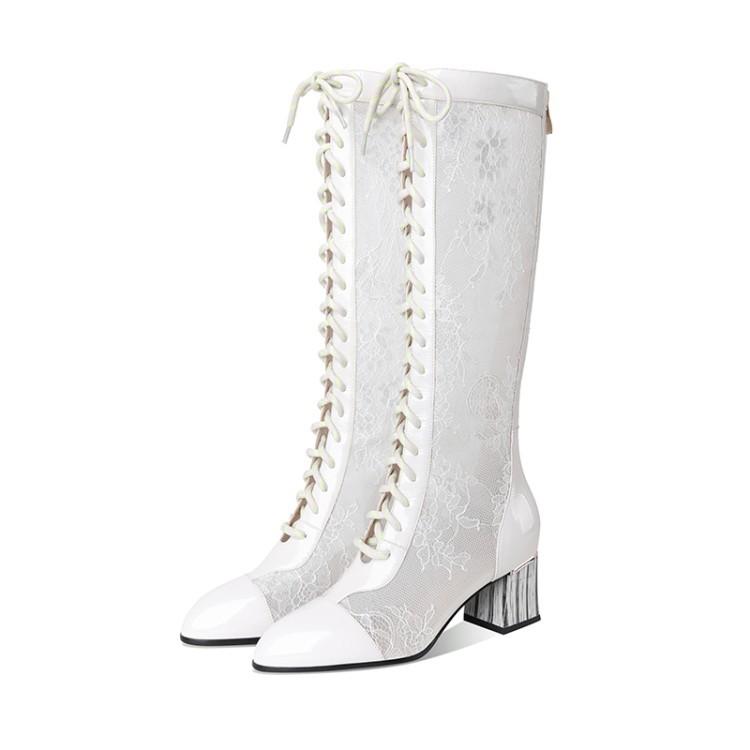 Women's summer mesh lace flower embroidery knee high chunky boots