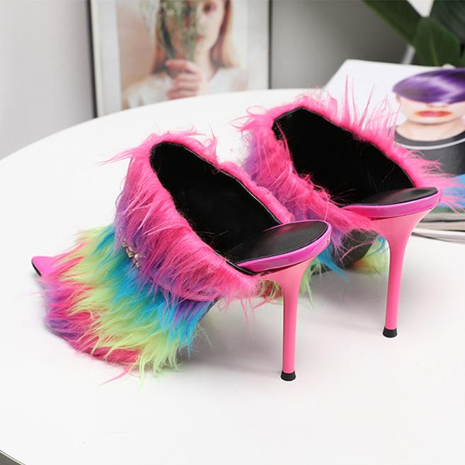Women's rainbow colorful fluffy peep toe stiletto slides