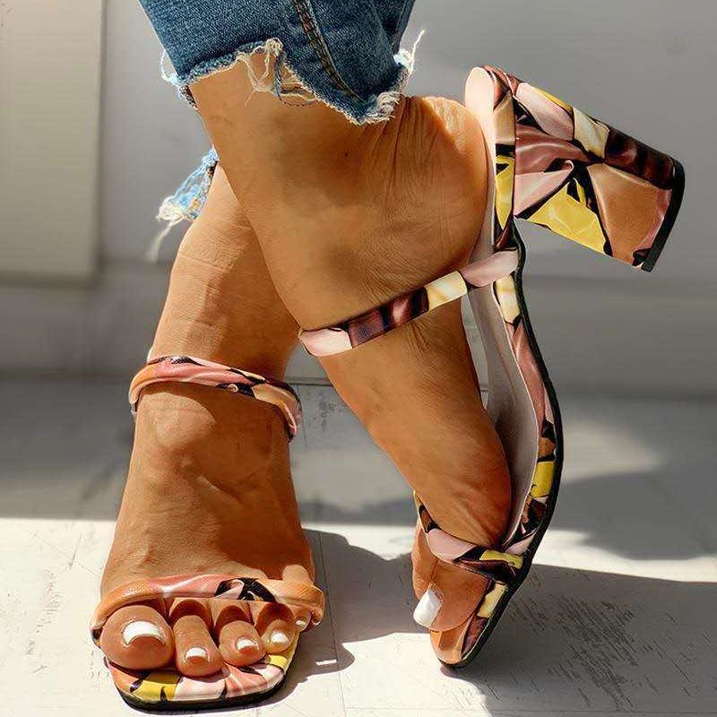Women's colorful 2 band peep toe square heel slide mules sandals