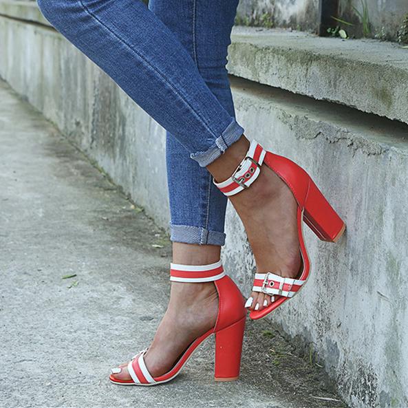 Striped ankle buckle strap open toe chunky high heels