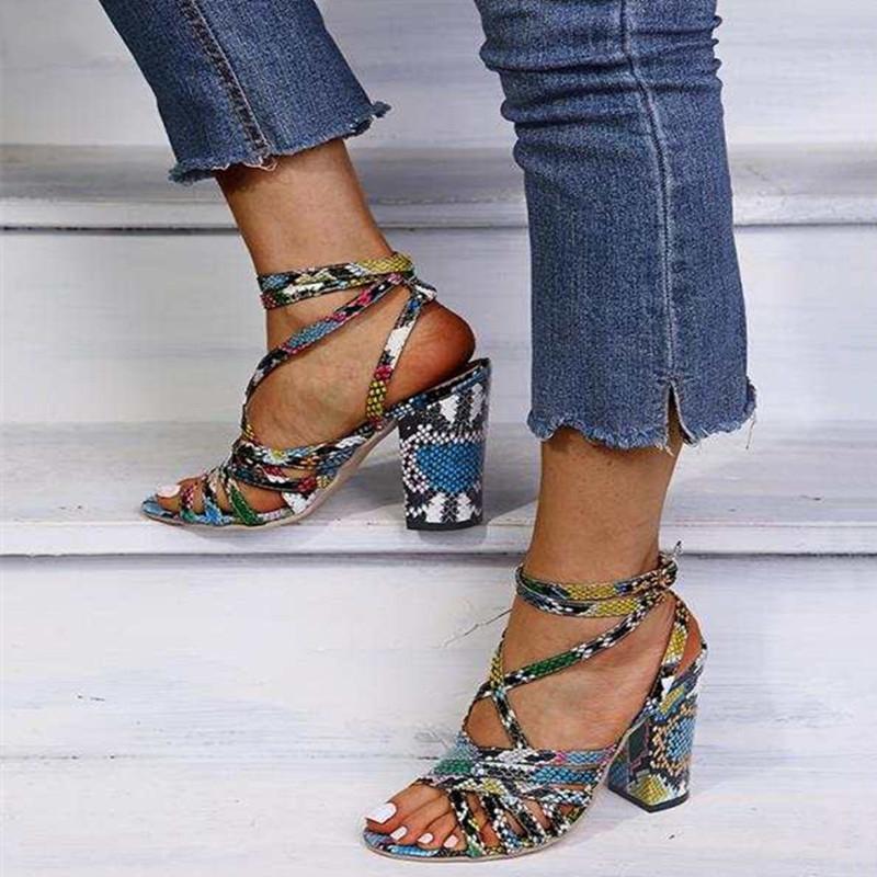 Women's peep toe snakeskin chunky high heel sandals
