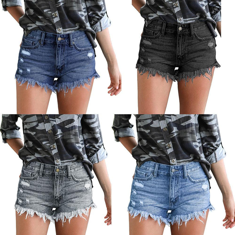 Women's mid rise frayed raw hem ripped jeans shorts