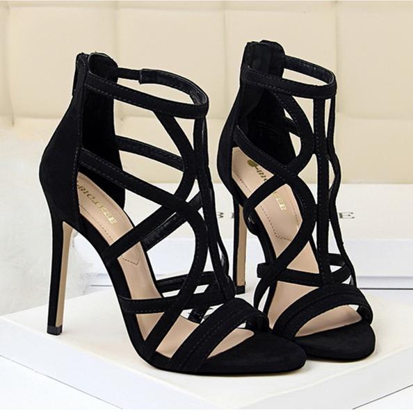 Women's sexy suede hollow strappy heels sandals with back zipper