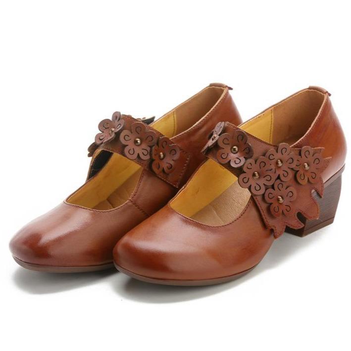 Women's vintage leather flower decor slip on mary jane shoes