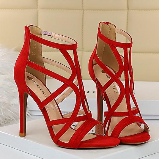 Women's sexy suede hollow strappy heels sandals with back zipper