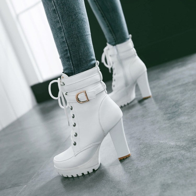 Women Buckle Strap Lace Up Heeled Combat Boots