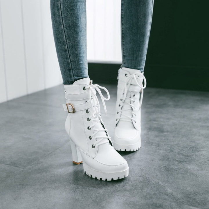 Women Buckle Strap Lace Up Heeled Combat Boots