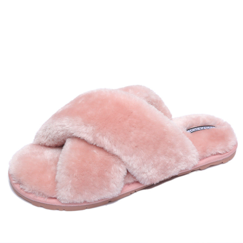Women's fashion criss cross furry slippers winter warm house shoes solid color