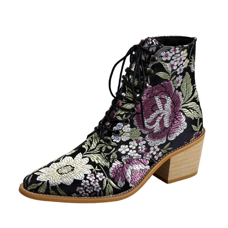 Women Embroidery Chunky Lace Up Heeled Boots - fashionshoeshouse
