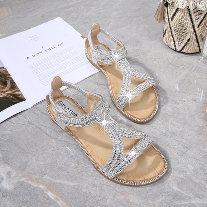 Women's rhinestone glitter flat dress sandals eleastic slingback sandals
