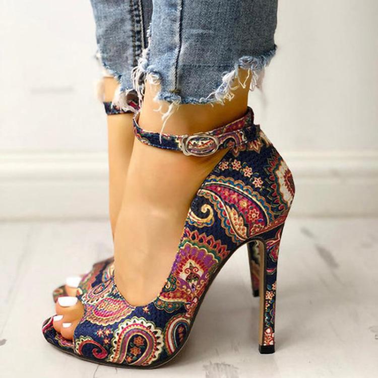 Women's peep toe ethnic floral print sandals heels | Ankle buckle strap ...