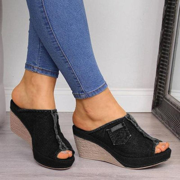 Women's peep toe denim platform wedge slide sandals