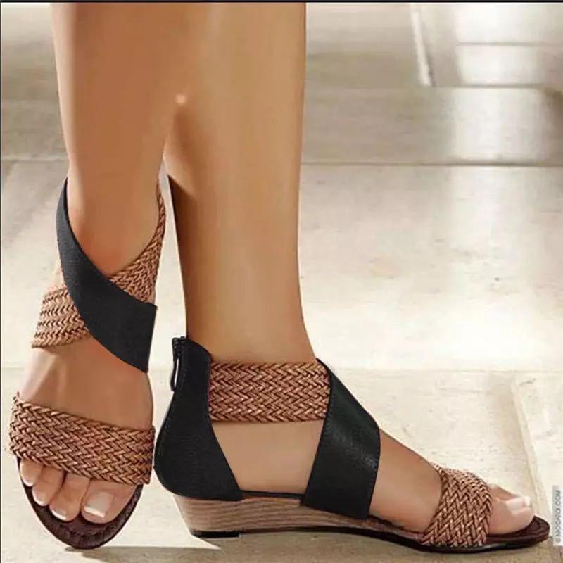 Women's peep toe woven one band criss cross low wedge sandals with back zipper
