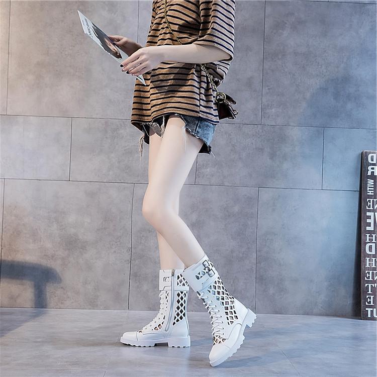 Women's summer hollow out mid calf chunky platform gladiator boots
