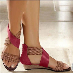 Women's peep toe woven one band criss cross low wedge sandals with back zipper