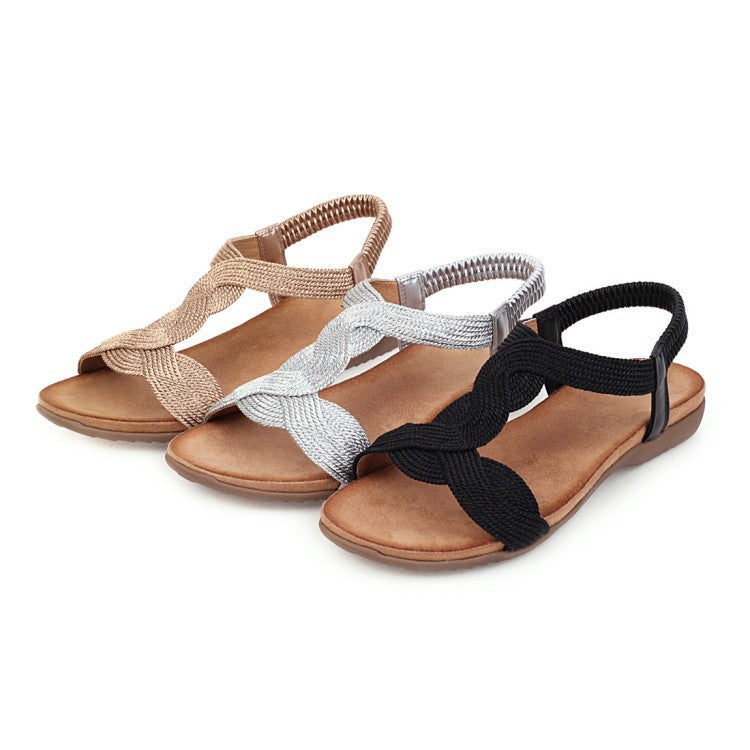 Women's boho flat T-strap beach sandals straw braided sandals