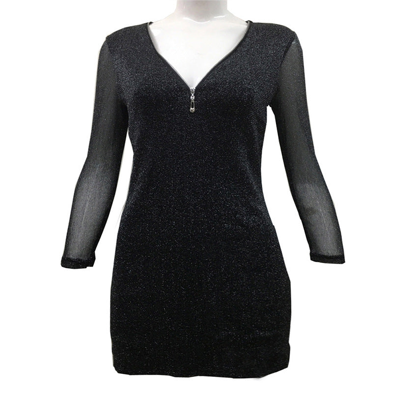 Women's black sexy bodycon mini dress sequins mesh long sleeves party nightclub dress