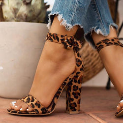 Women's leopard ankle buckle strap chunky high heels