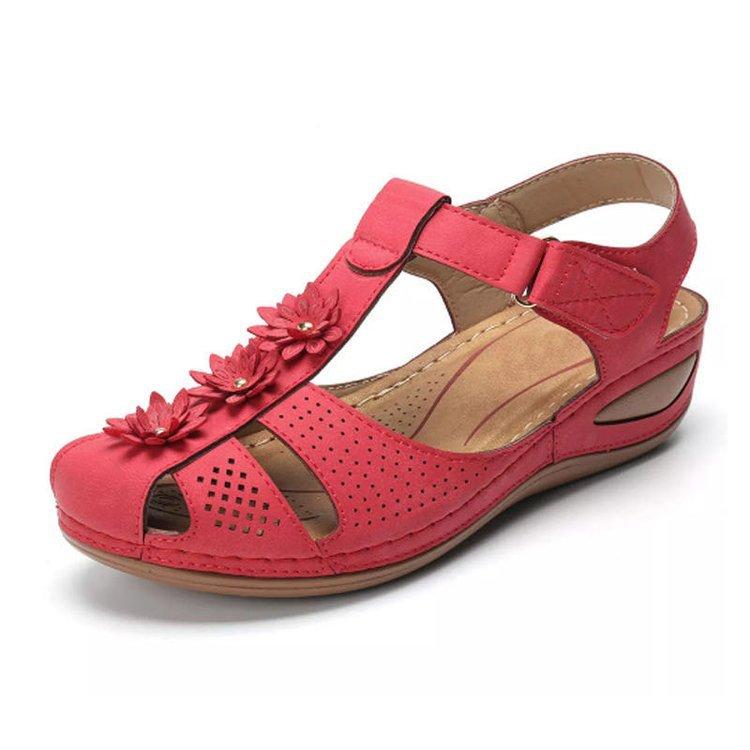Women's vintage closed toe low wedge buckle strap hollow sandals