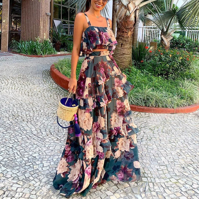 Lady's summer floral print tank top ruffles flare maxi dress boho beach dress
