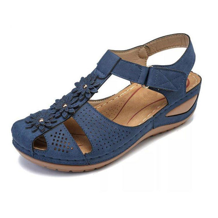 Women's vintage closed toe low wedge buckle strap hollow sandals