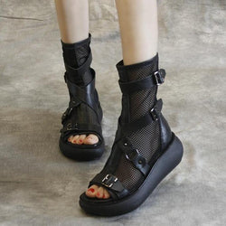 Women's steampunk peep toe black mesh summer booties