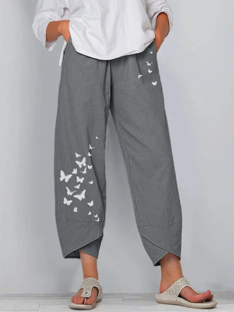 Women's butterfly print summer linen pants casual loose fit
