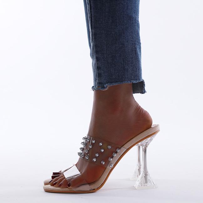 Women's studded clear straps slide heels