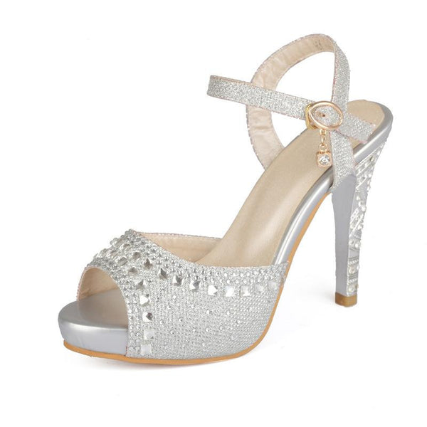 Women's rhinestone sequined peep toe platform high heels for wedding party