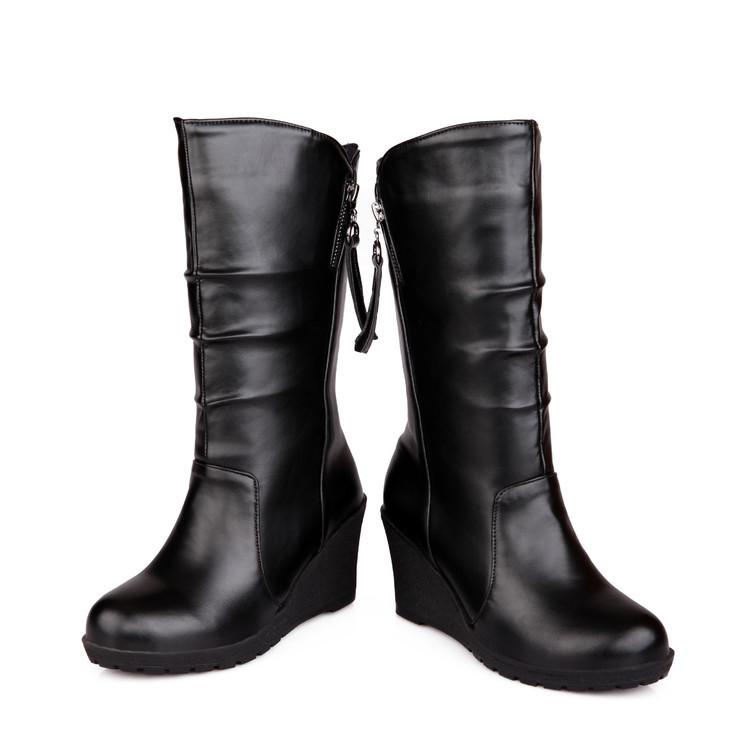 Women retro slouch mid calf wedge boots | Tassel zipper mid calf boots