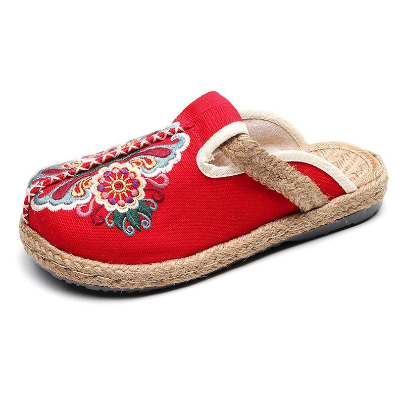 Women's woven Ethnic flower backless canvas shoes