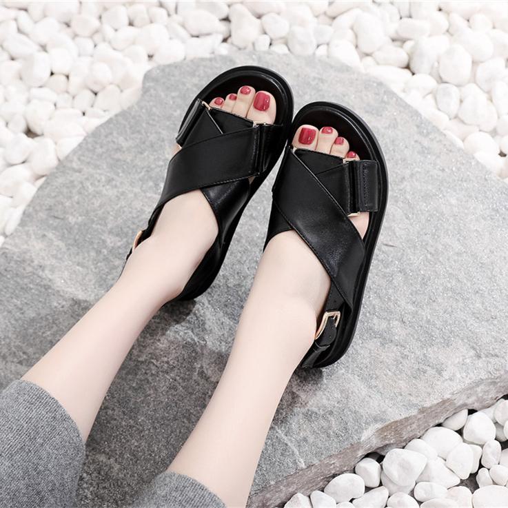 Women leather soft cirss peep toe slingback buckle platform sandals