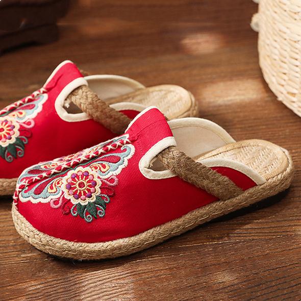 Women's woven Ethnic flower backless canvas shoes