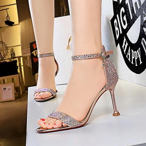 Women's rhinestone crystal high heels sandals ankle strap open toe stiletto heels prom sandals
