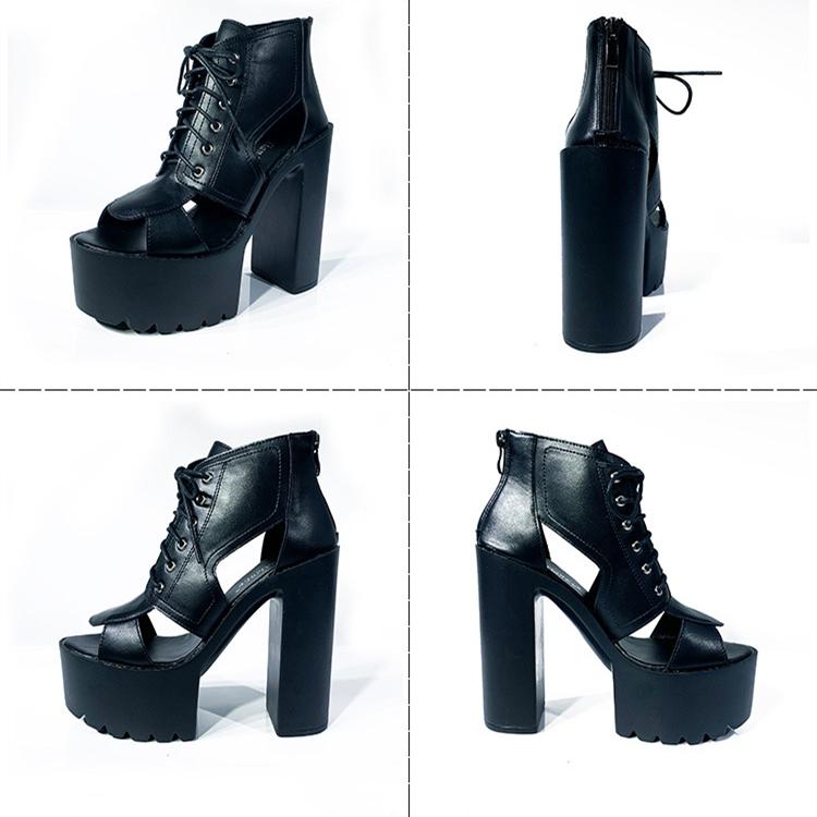 Women's black peep side cutout lace-up chunky high heels