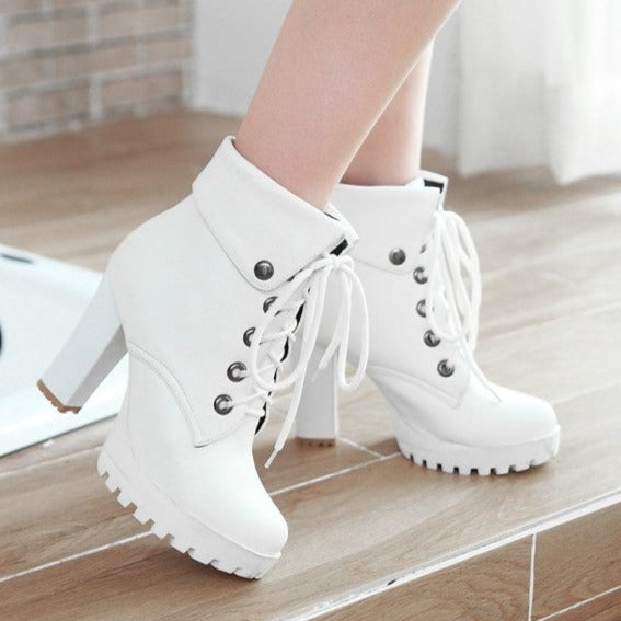 Lady's chunky platform high heels combat boots England style front lace short booties