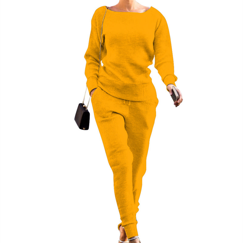 Women's fall winter rib-knit sweater top & long Pants set | 2 Piece outfits tracksuit lounge suits