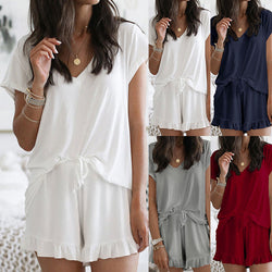 Women's v neck solid summer short sleeves 2 pieces lounge suits  pajamas sets