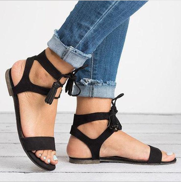 Women's lace-up tassels boho flat sandals