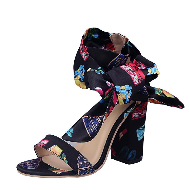 Women's Flower print chunky high heel peep toe sanals