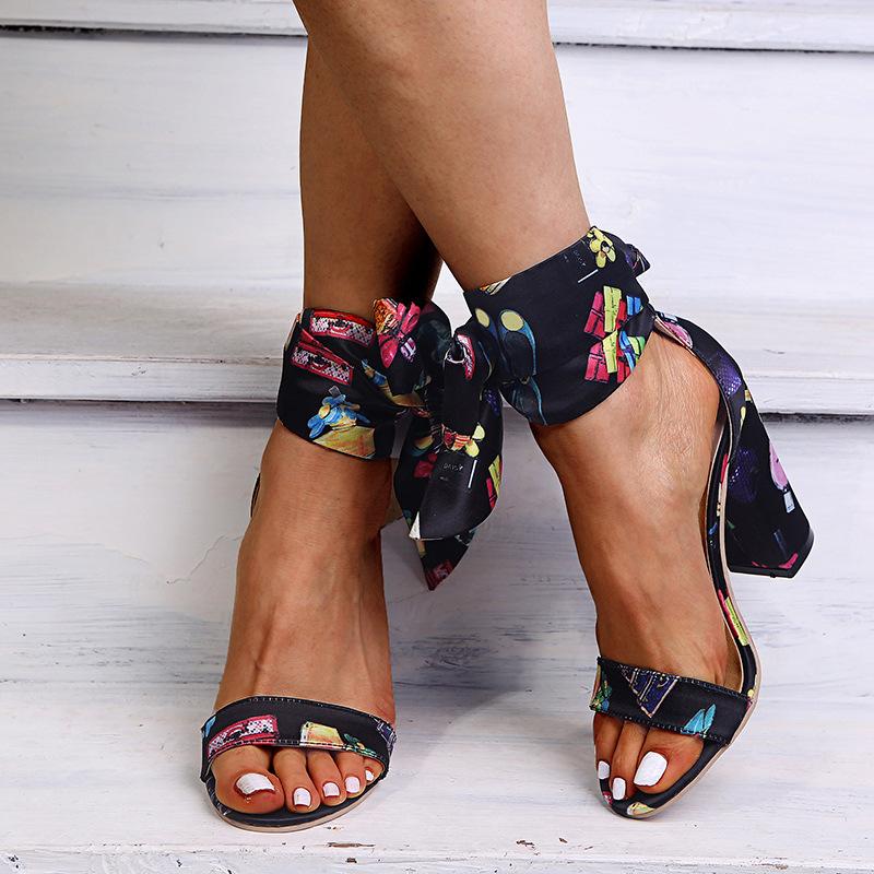 Women's Flower print chunky high heel peep toe sanals