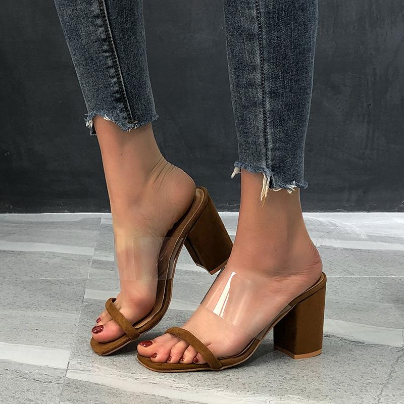 Women's square open toe chunky heel clear arch support sandals