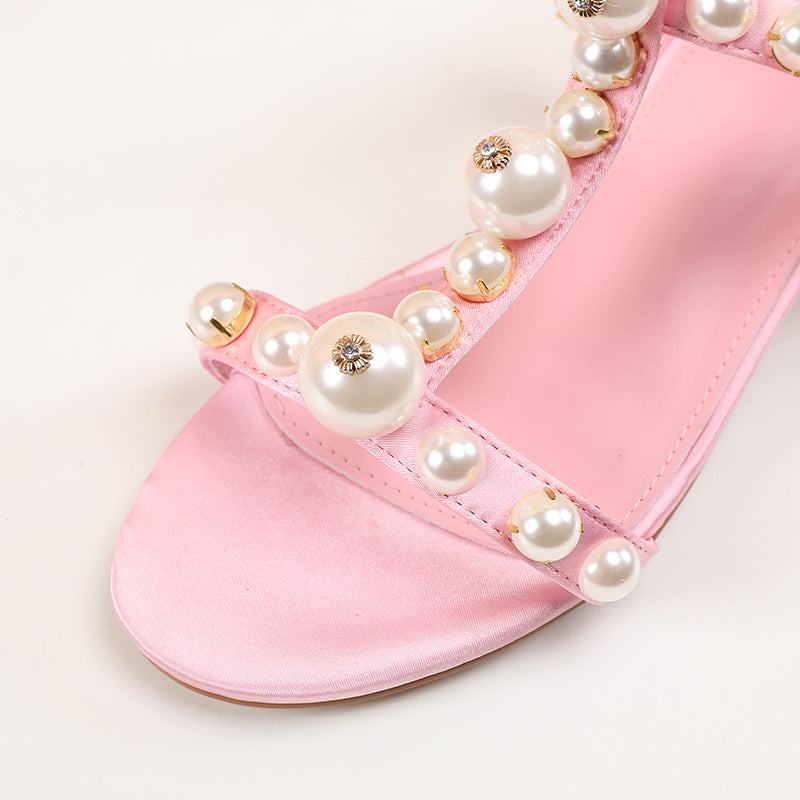Women's sweet pink luxury pearls T-strap low heel sandals