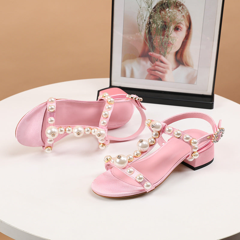 Women's sweet pink luxury pearls T-strap low heel sandals